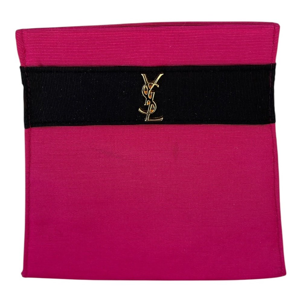 YSL Yves Saint Lauren Parfums Hot Pink Black Gold Grosgrain Clutch Authentic